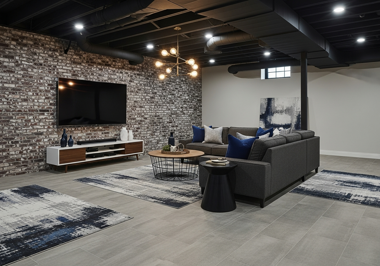 Alterna concrete-look vinyl tile basement