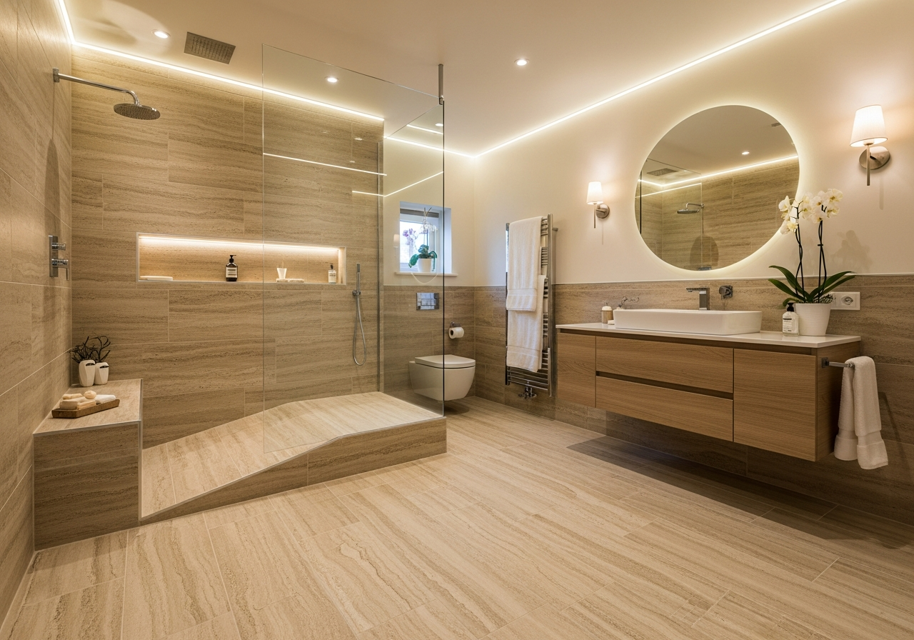Alterna beige limestone spa bathroom