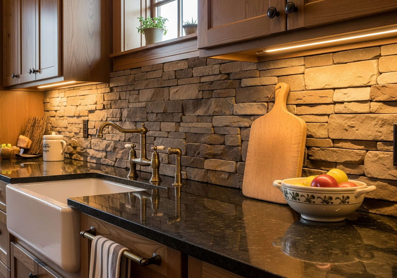 Stacked stone ledger backsplash
