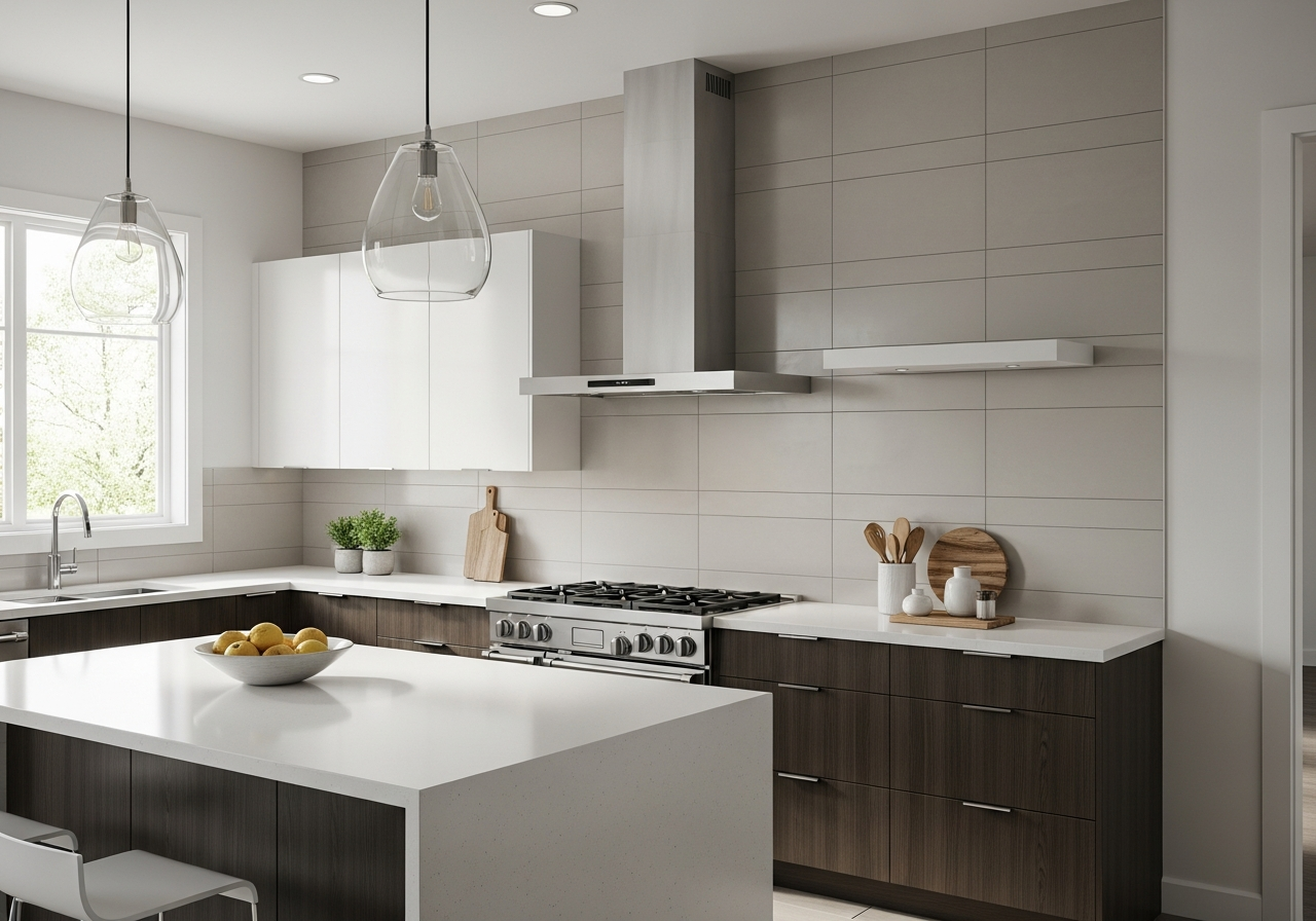 Full-height porcelain tile backsplash