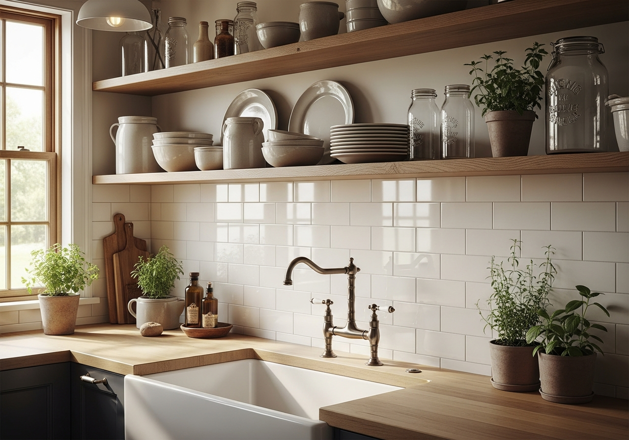 Beveled subway tile farmhouse backsplash
