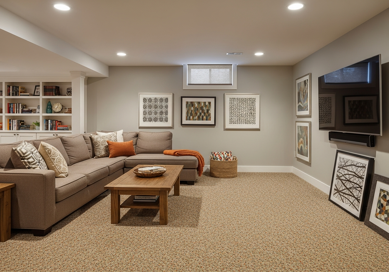 Berber loop carpet in family room