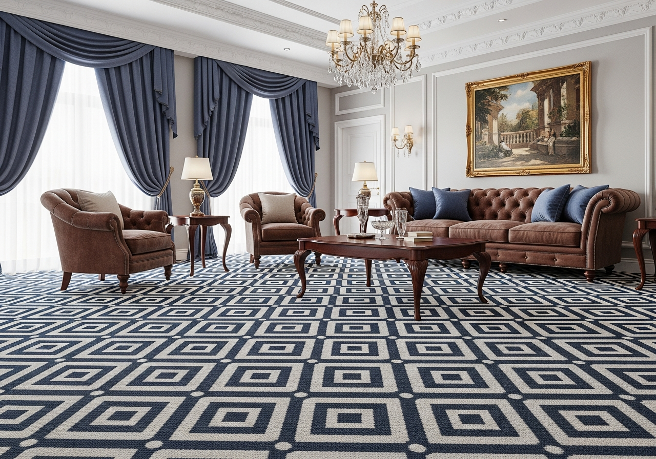 Patterned carpet in formal sitting room