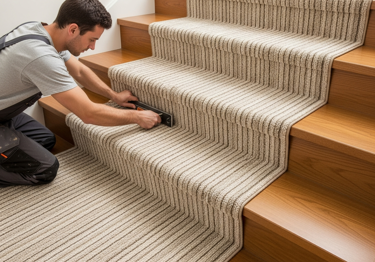 Carpet runner on wooden staircase