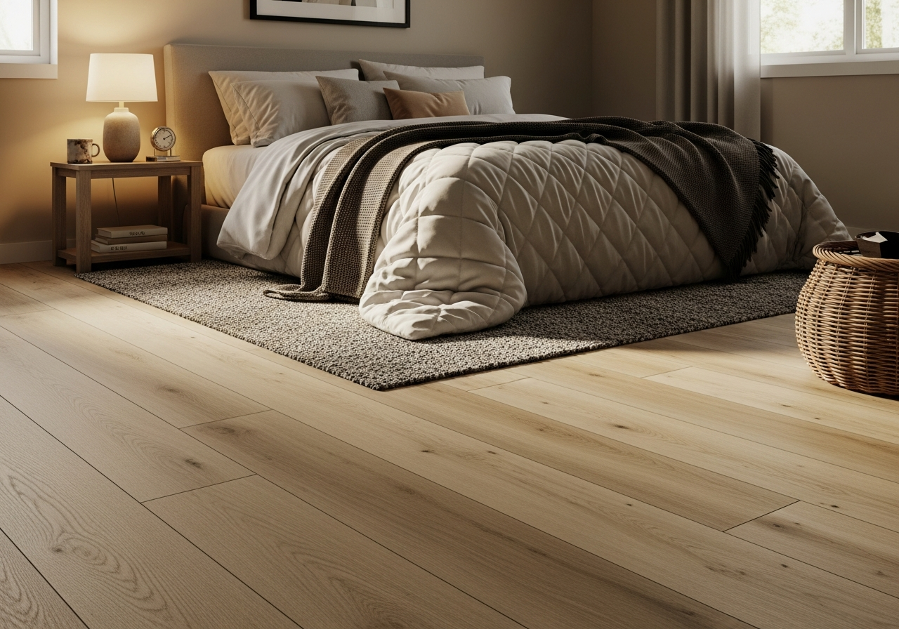 COREtec light oak vinyl plank bedroom