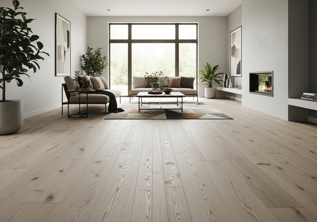 Wide plank ash hardwood open concept