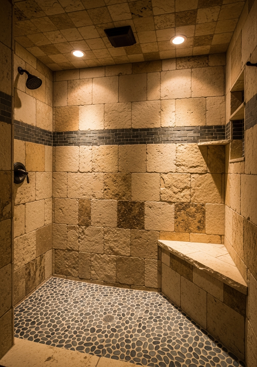 Natural stone tile shower with river rock